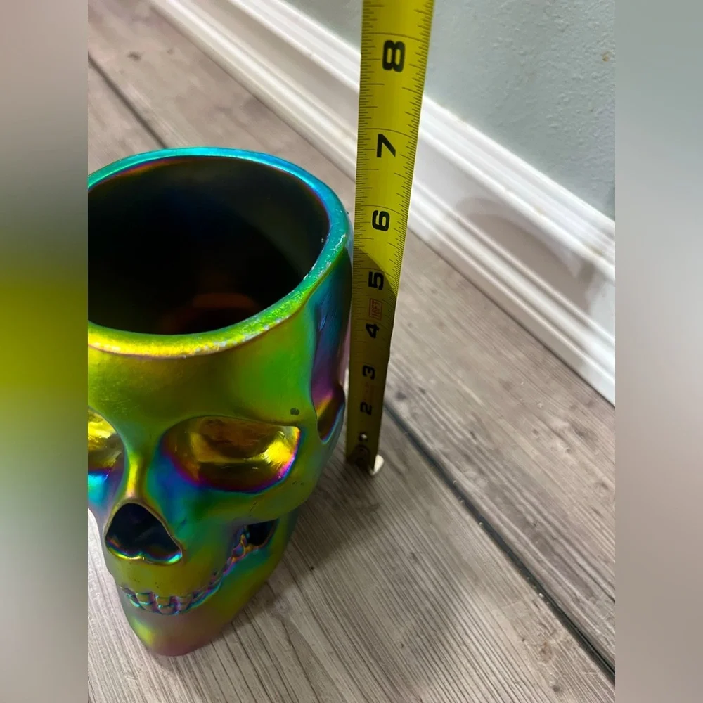 NWT Iridescent Oil Slick Skull Skeleton Makeup Brush Holder Candy Dish Halloween